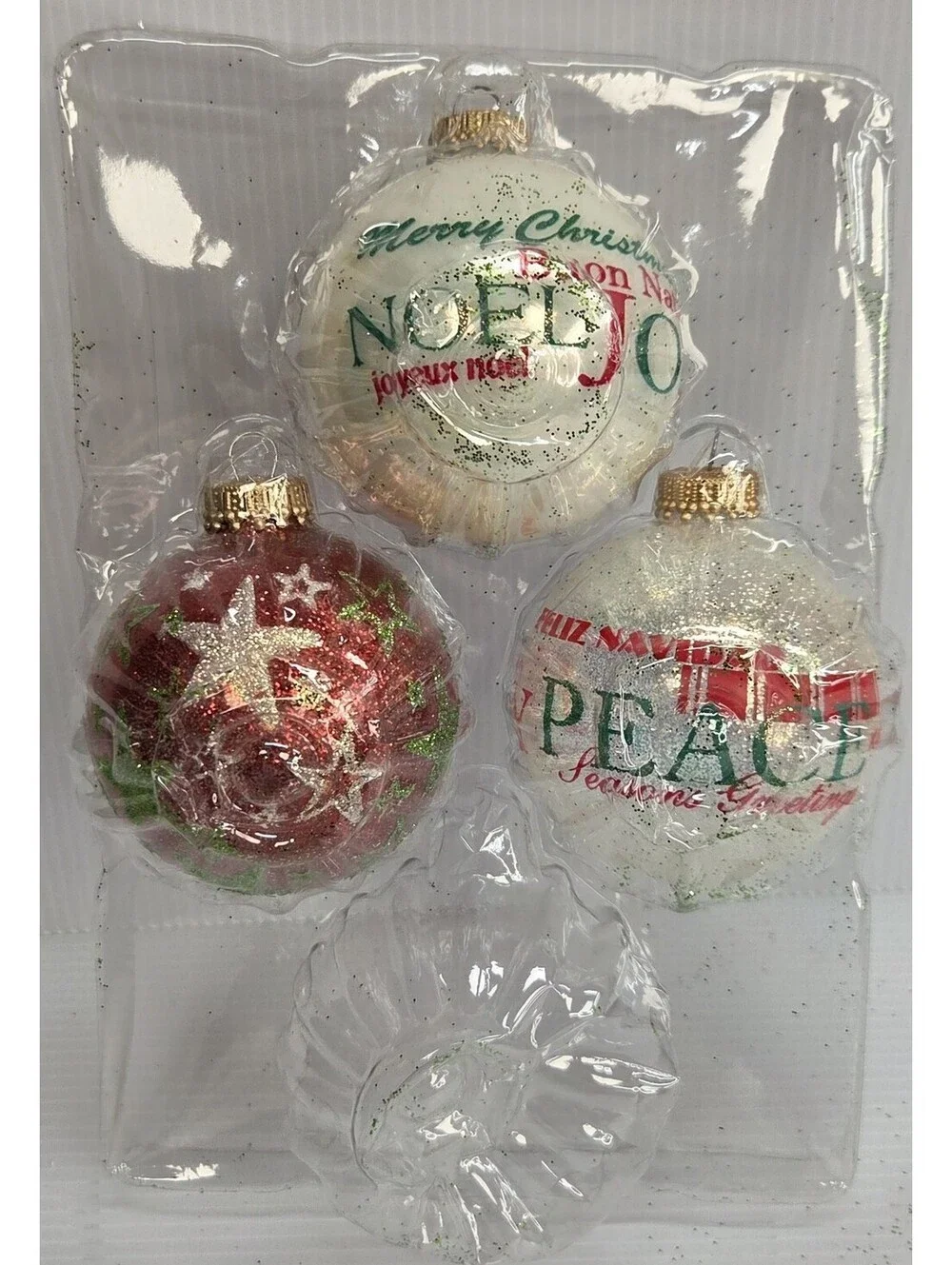 Christmas by Krebs Glass Ornaments Lot 3 Holiday Text Glitter Original Box